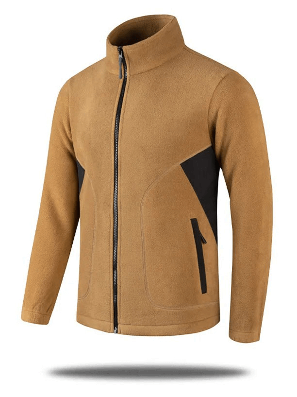 Men's windproof zip fleece jacket in brown, casual fit, ideal for camping and hiking, made of durable polyester, SF1997 model.